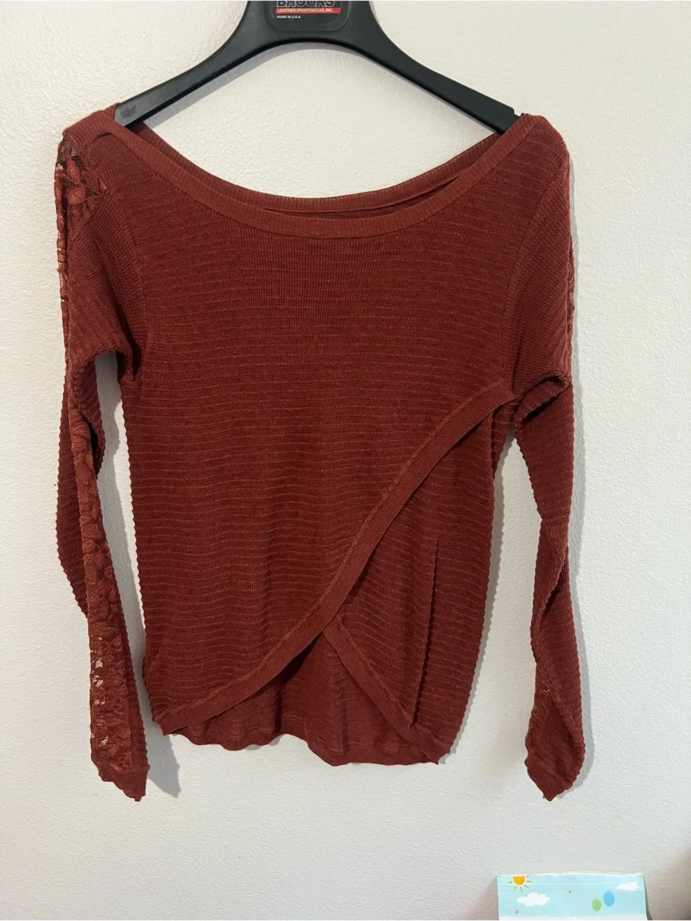 Free People Split - Back Boat Neck Rust /Terracotta Lace-Trim Sweater